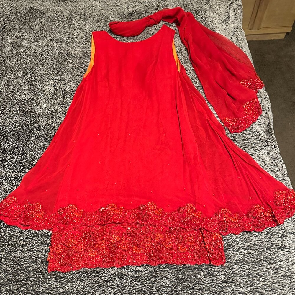 Stunning Red Designer Dress with Beautiful Beading and Scarf with Matching Beads